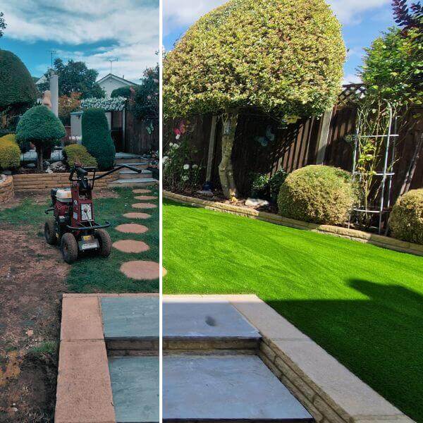 Before and after comparison of residential back garden artificial lawn installation